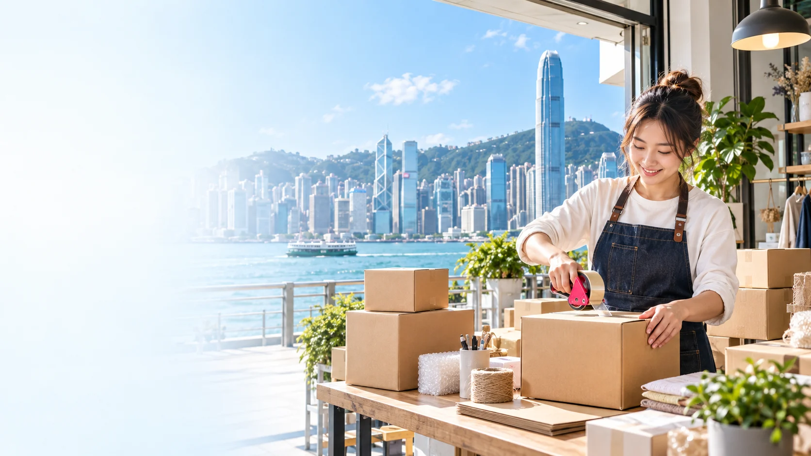 Merchant na nag-iimpake ng orders sa tindahan na may moving boxes at city skyline sa labas