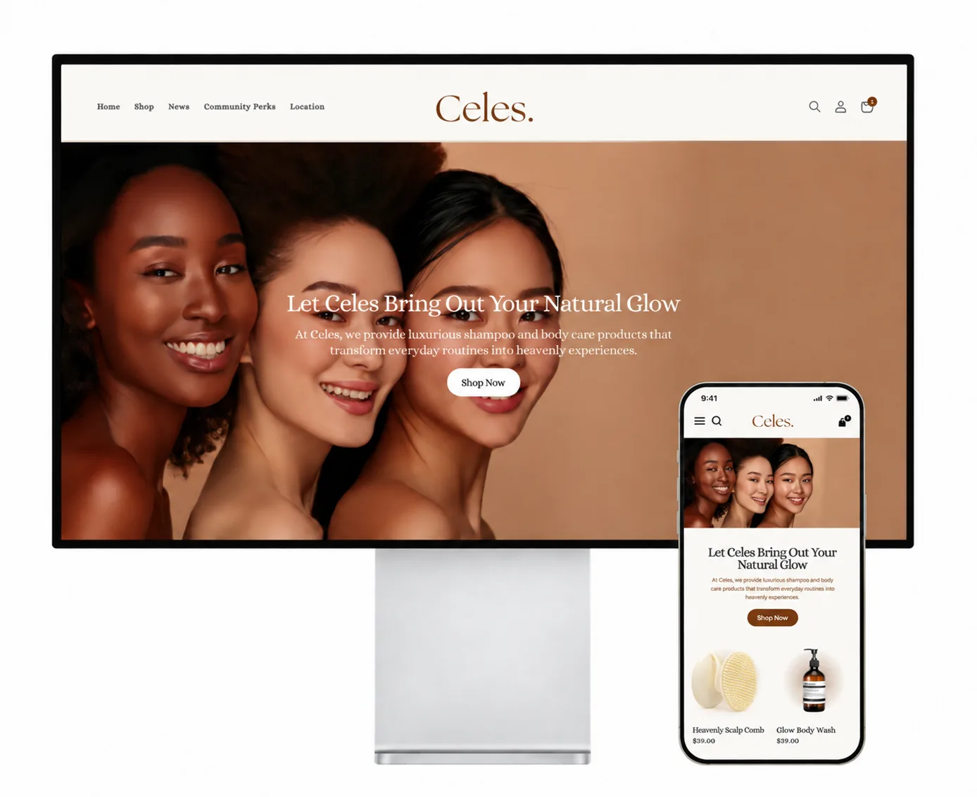 Celes online store shown on desktop and mobile
