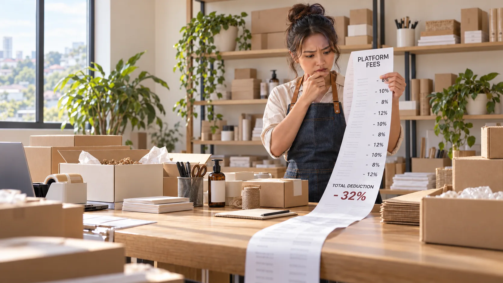 Celes beauty-business founder reviewing rising platform fees in her fulfilment workspace