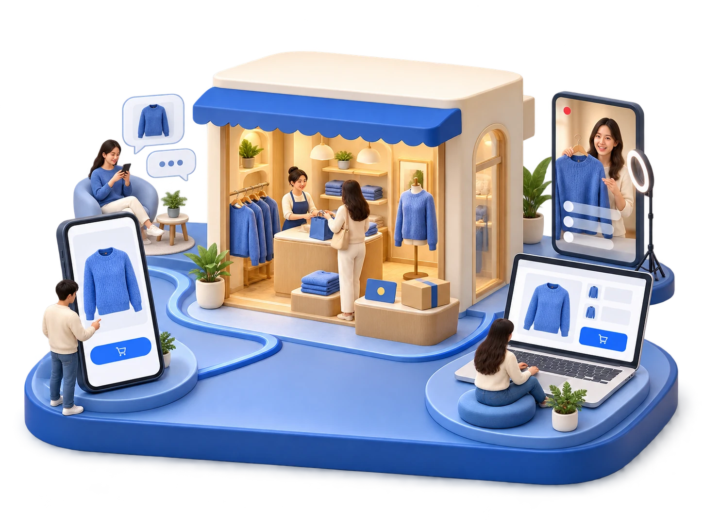 Illustration of a retail store connected to phone, computer, chat and live purchases, sharing stock, orders and membership