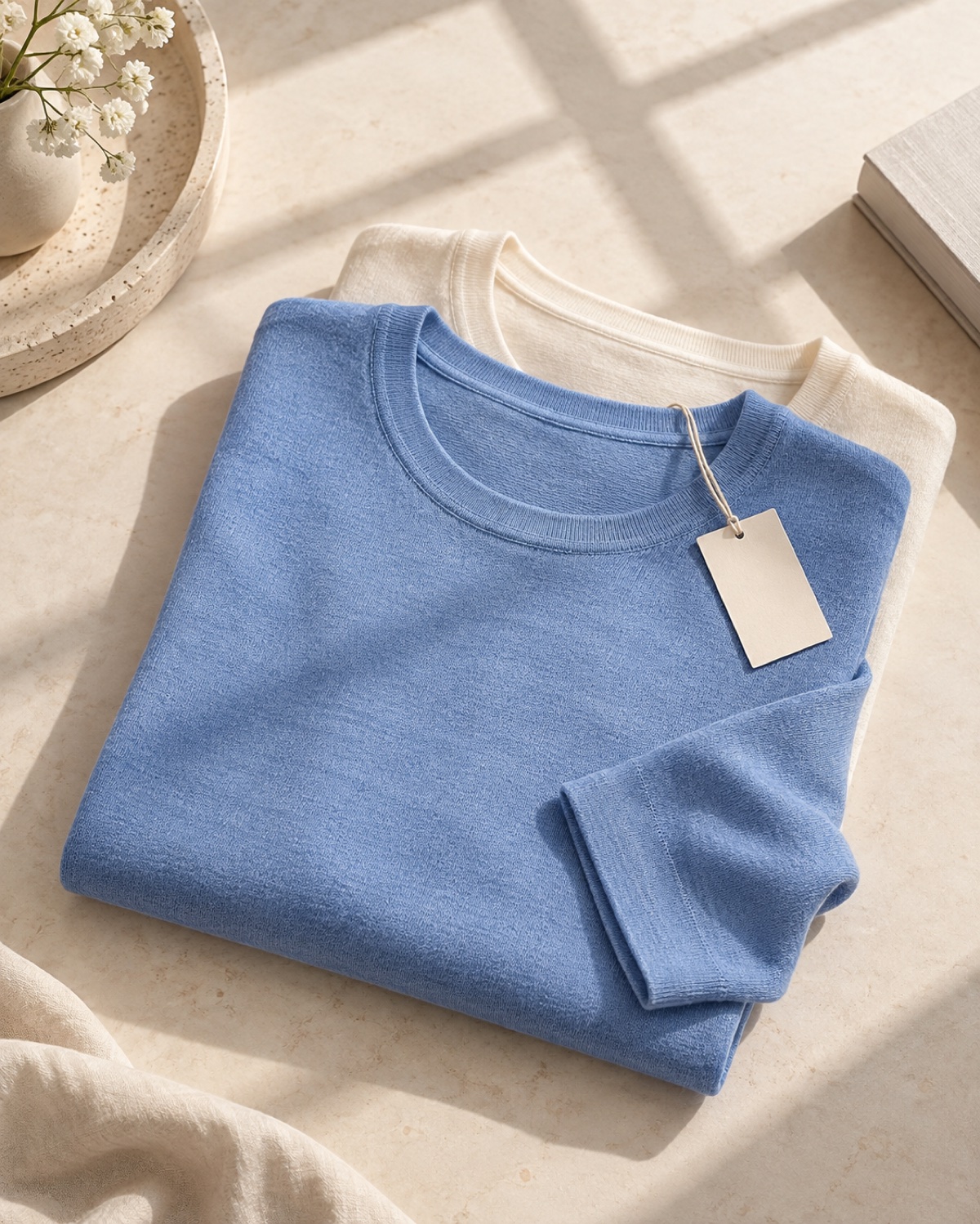 Illustrative product photo of a light blue knit top