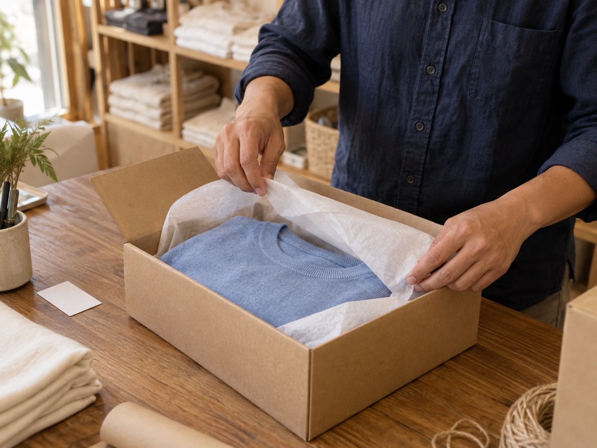 Illustrative scene of a knit top being packed for delivery