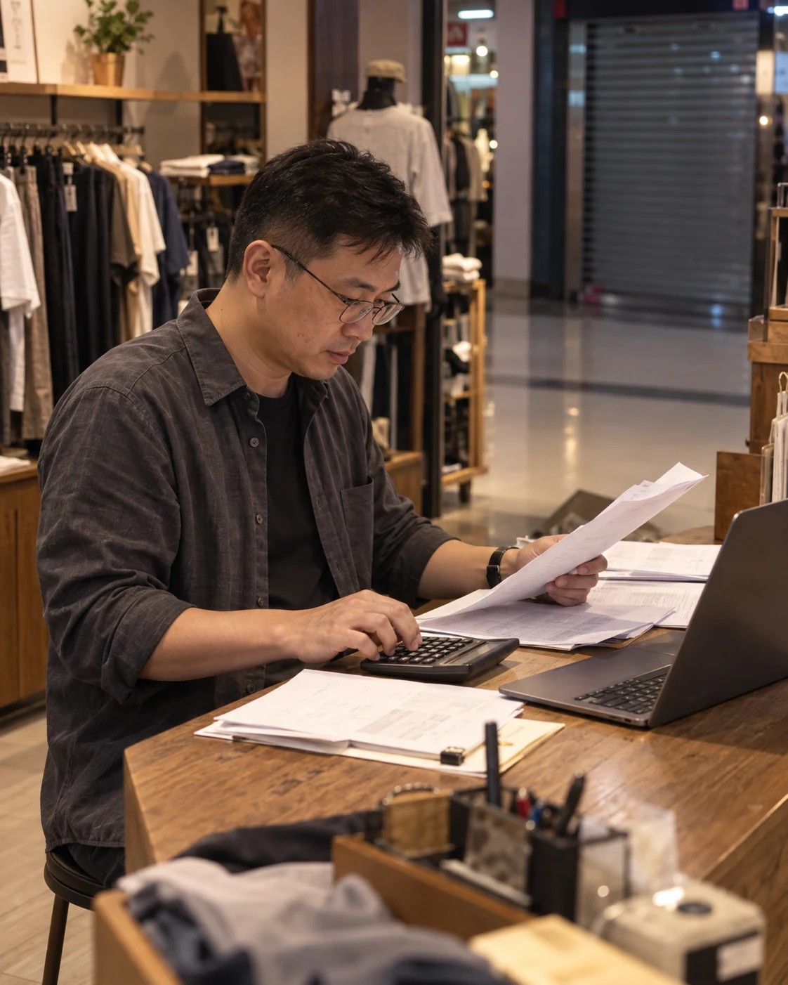 Illustrative scene of a merchant reviewing bills and fees after closing