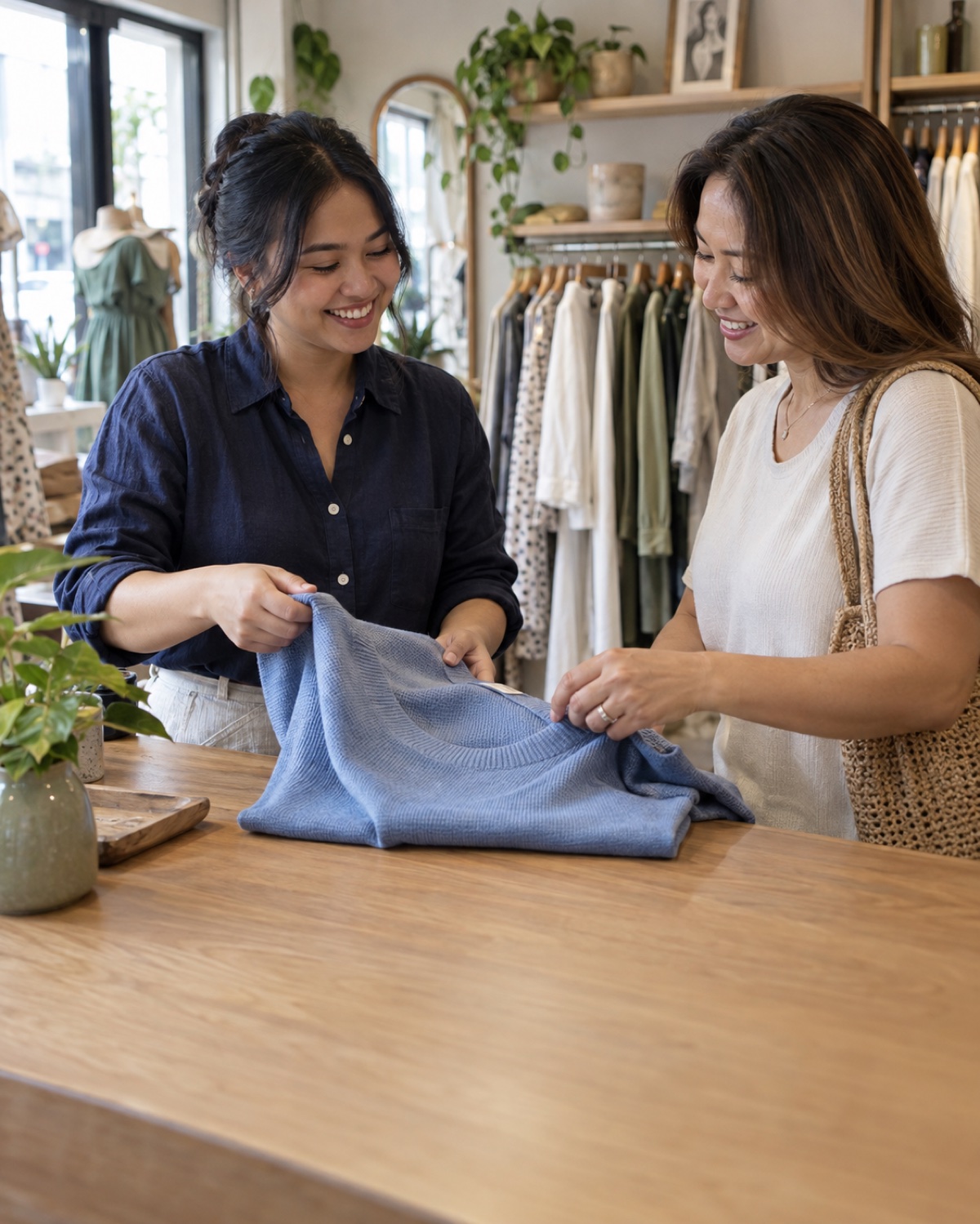 Illustrative scene of a store assistant welcoming a returning customer